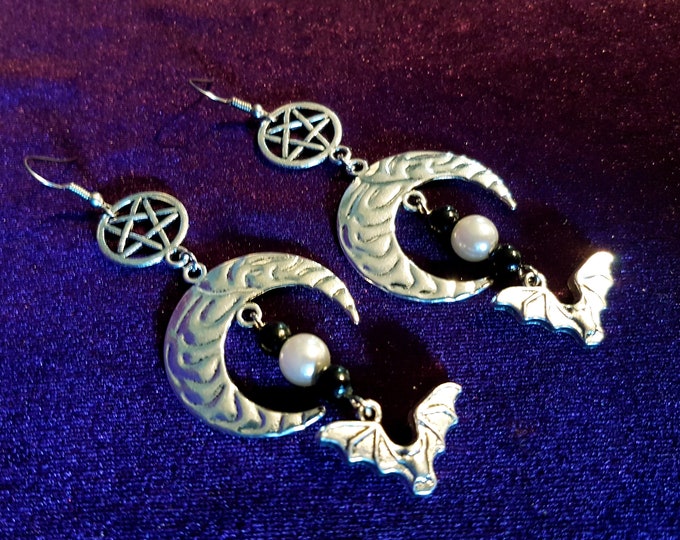 Bat Moon Pentagram Earrings