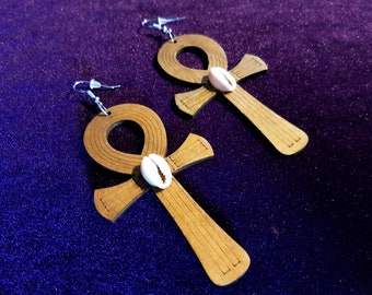 Wooden Ankh Earrings with Cowri Shells