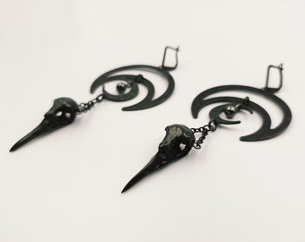 Crow Skull Moon Witch Earrings (Black Copper)