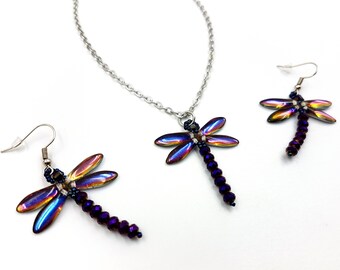 Purple Dragonfly Beaded Earrings & Necklace Set