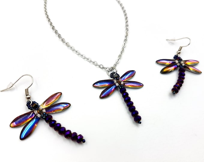 Purple Dragonfly Beaded Earrings & Necklace Set