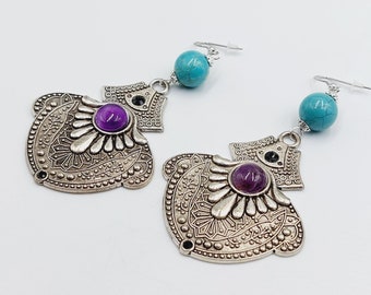 Boho Earrings with Amethyst Crystal & Turquoise