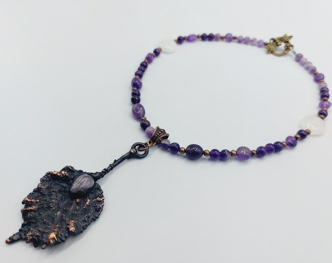 Hazel Leaf Amethyst Necklace (Electroformed Copper)