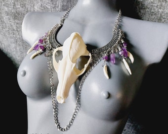 Ritual Luciferian Skull Necklace with Amethyst Crystal (Red Fox - Coyote)