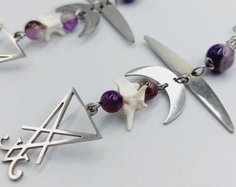 Sigil of Lucifer Snake Vertebrae Bone Earrings with Amethyst Crystals