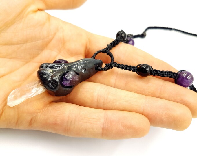 Gemstone Crow Skull Witch Necklace (Obsidian, Astrophylite & Crystal)