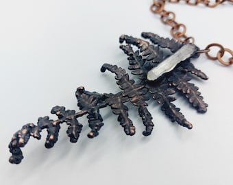 Forest Fern Necklace with Mountain Quartz Crystal (Electroformed Copper)