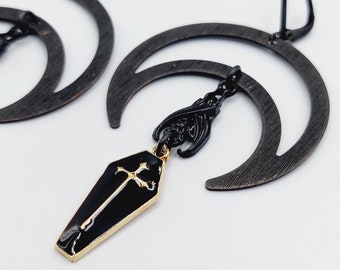 Black Crescent Moon Bat Coffin Earrings