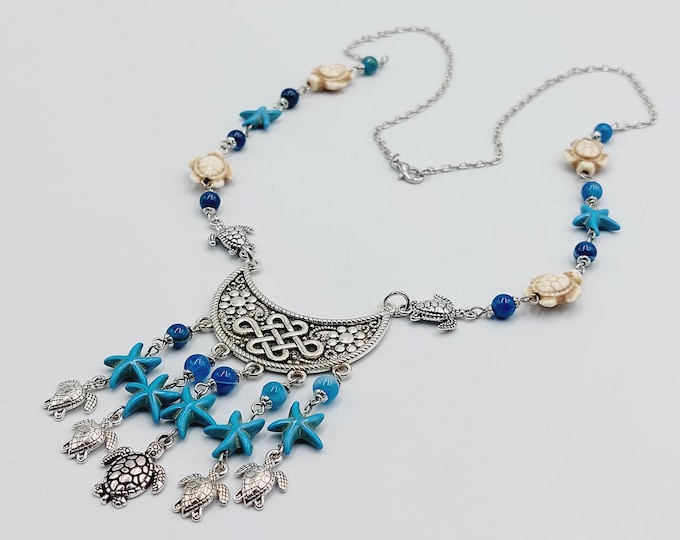 Pachamama  Turtle Necklace with Howlite, Turquoise & Banded Blue Agate