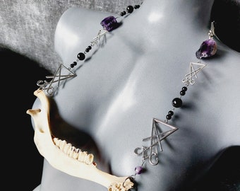 Sigil of lucifer Ritual Necklace with Amethyst & Goat Jawbone