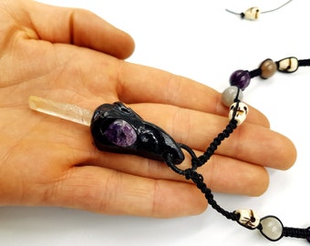 Gemstone Crow Skull Witch Necklace (Yak Bone, Moonstone, Amethyst & Crystal)