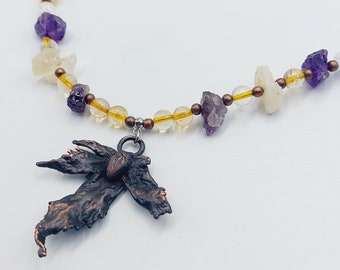 Maple Leaf Aragonite Necklace with Citrine, Amethyst and Mountain Quartz Crystal (Electroformed Copper)