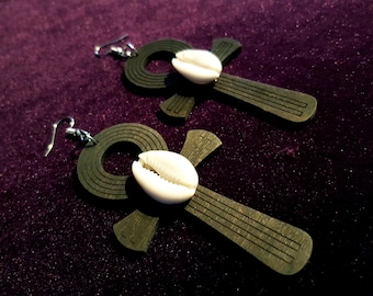 Black Wooden Ankh Earrings with Cowri Shells