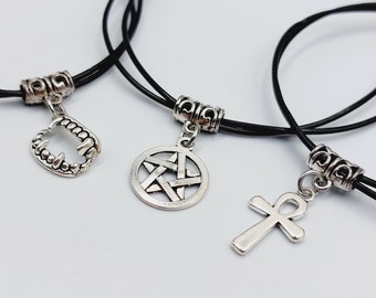 Fine Leather Gothic Charm Bracelets (3 Options - Pentagram / Egyptian Ankh / Vampire Bite)
