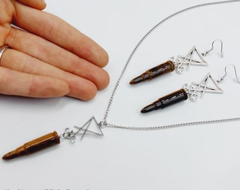 Luciferian TigerEye Crystal Bullet Necklace & Earrings Set