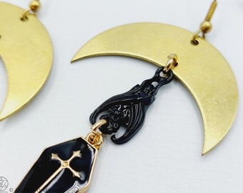 Copper Crescent Moon Bat Coffin Earrings