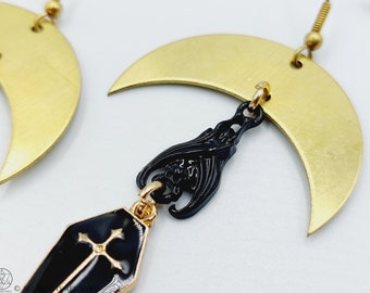 Copper Crescent Moon Bat Coffin Earrings