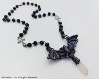 Vampire Bat Crystal Rosary Necklace (Electroformed Copper - 2 Options)