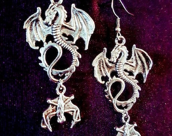 Dragon Earrings (2 options - with or without bats) - goth gothic baby bat wings fantasy bat dragon flying jewelry medieval gift draconian