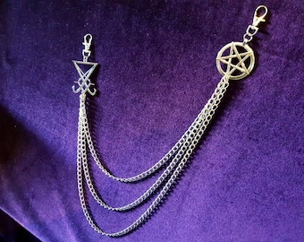 Pentagram Triple Wallet Chain - Pentacle occult goth gothic sigil of lucifer left hand path black metal keychain