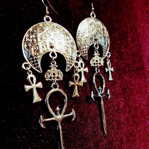Vampire Ankh Cathedral Earrings - occult goth gothic dracula crescent moon vampyre egyptian witchy salem jewelry gift ankh symbols kemet