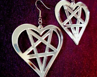 Pentagram Mirror Heart Earrings