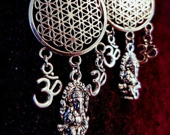 Ganesha Flower of Life Earrings -  spiritual Ohm symbol gothic goa hippy sacred geometry Om Gam Ganapataye Namaha