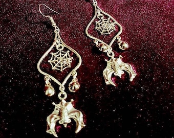 Vampire Bat Earrings With Spiderweb