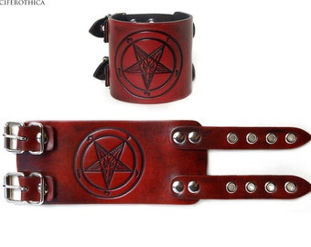 Red Leather Sigil of Baphomet Bracelet - occult left hand pad satan satanic goth gothic blackmetal goat of mendes seal gift satanism 666 HS