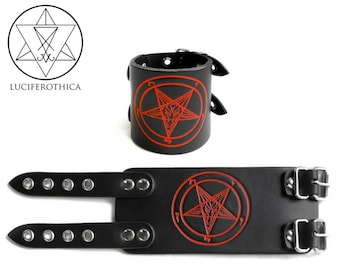 Black Leather Red Sigil of Baphomet Bracelet