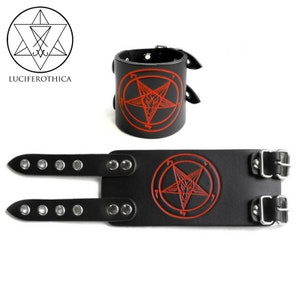 Black Leather Red Sigil or Baphomet Bracelet -