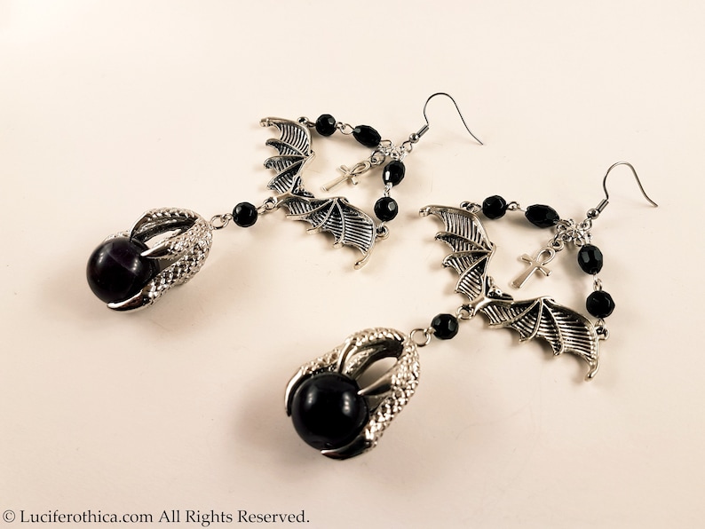 Vampire Bat Amethyst Claw Earrings gothic goth bat earrings witch skull ankh