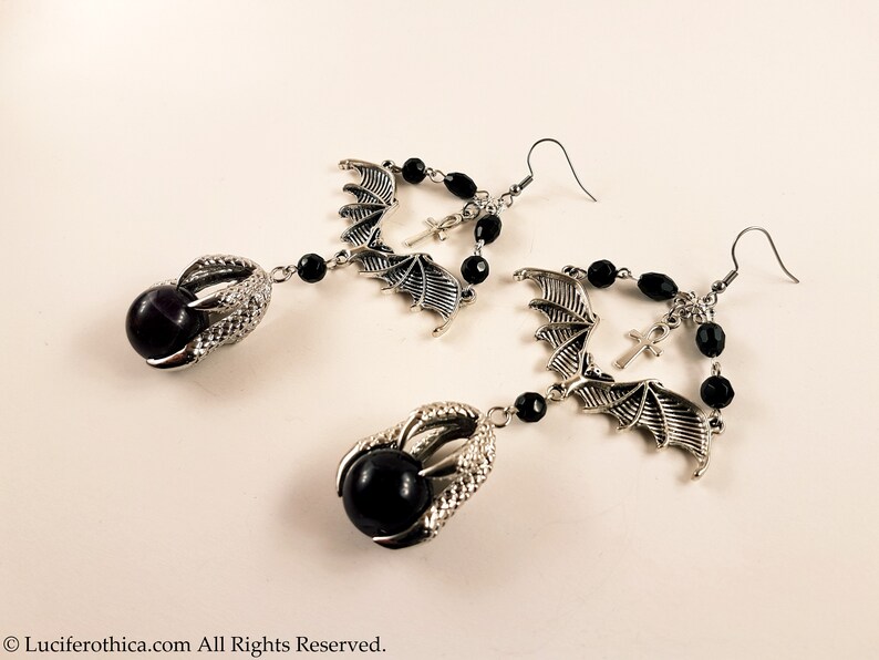 Vampire Bat Amethyst Claw Earrings gothic goth bat earrings witch skull ankh