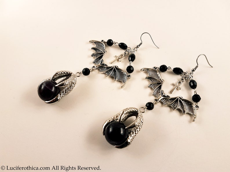 Vampire Bat Amethyst Claw Earrings gothic goth bat earrings witch skull ankh