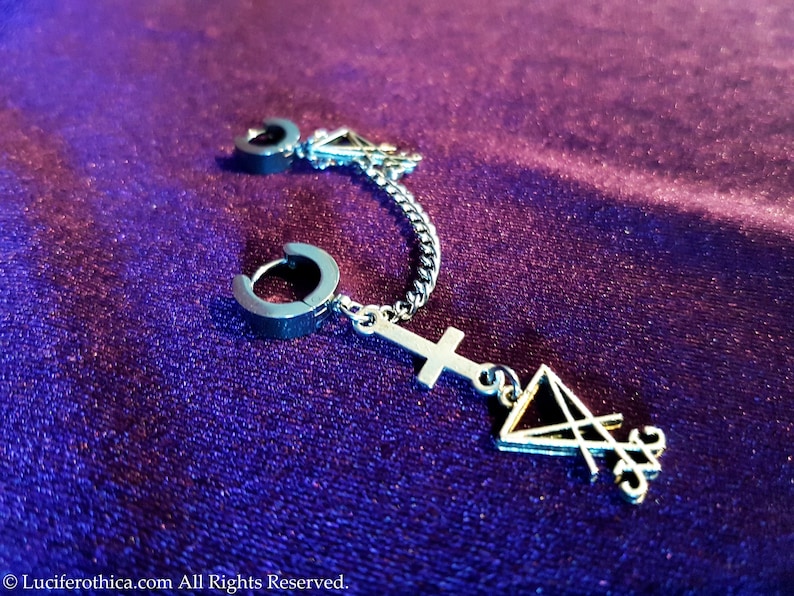 Inverted Cross Luciferian Double Earrings Gothic earrrings occult crucifix anti christ upside down cross sigil of lucifer