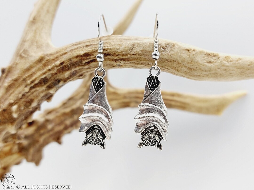 Sleeping Bat Earrings (2 Styles) - Gothic Hanging Bat Silver Tone