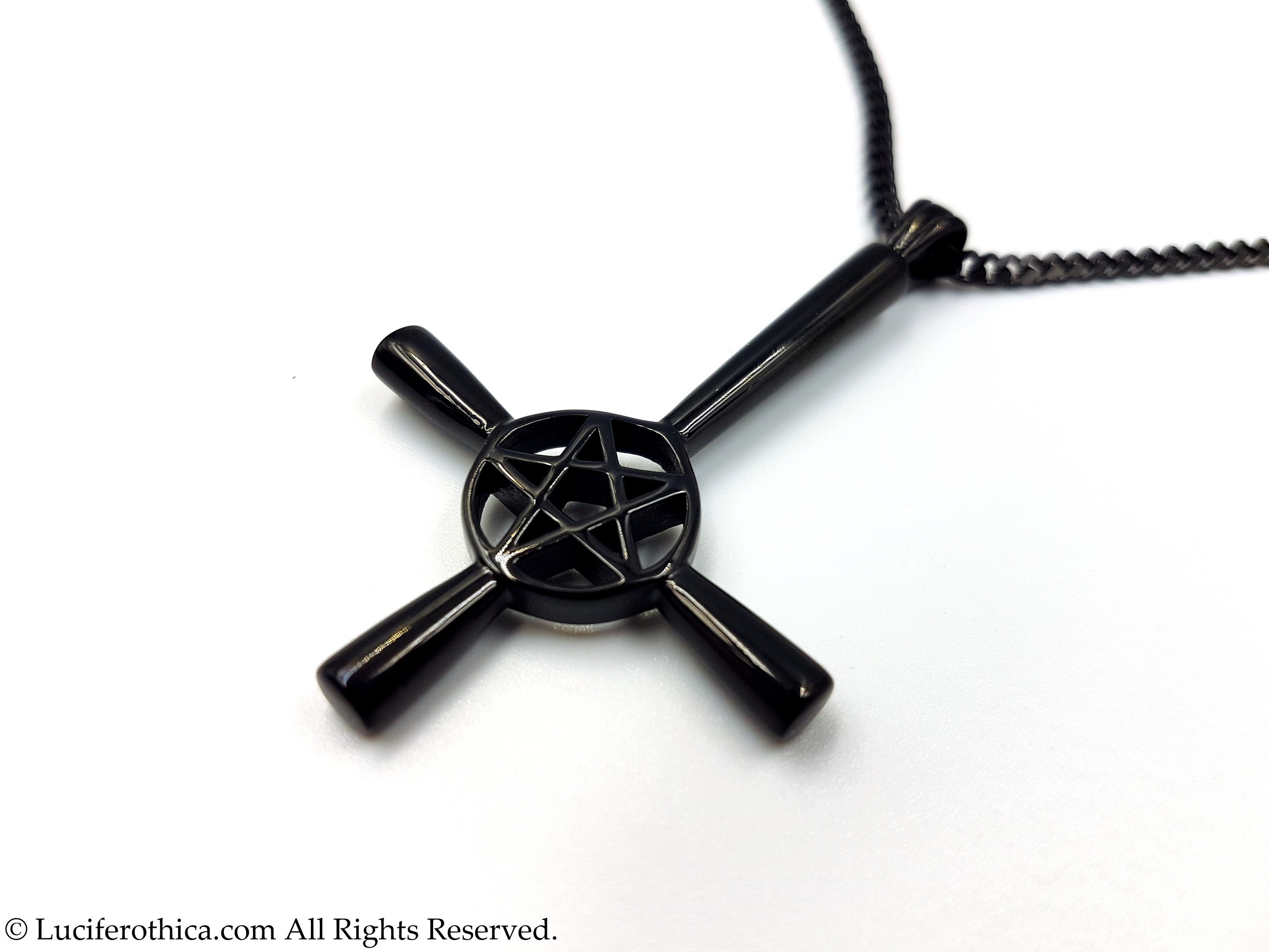 Inverted Cross Pentagram Pendant Necklace - Black Steel 24" Chain - Unisex Gothic Jewelry
