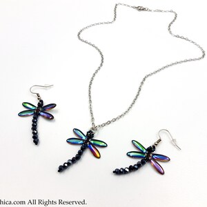 May include: A silver chain necklace and a pair of earrings featuring iridescent dragonfly pendants with black bead accents.