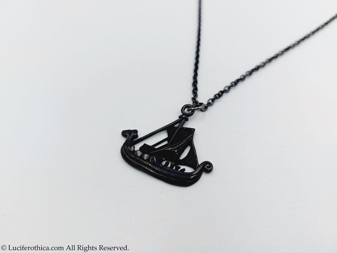 Black Viking Ship Pendant - Norse Viking Necklace Snek Knarr War