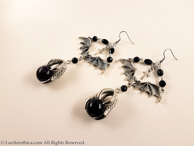 Vampire Bat Amethyst Claw Earrings gothic goth bat earrings witch skull ankh