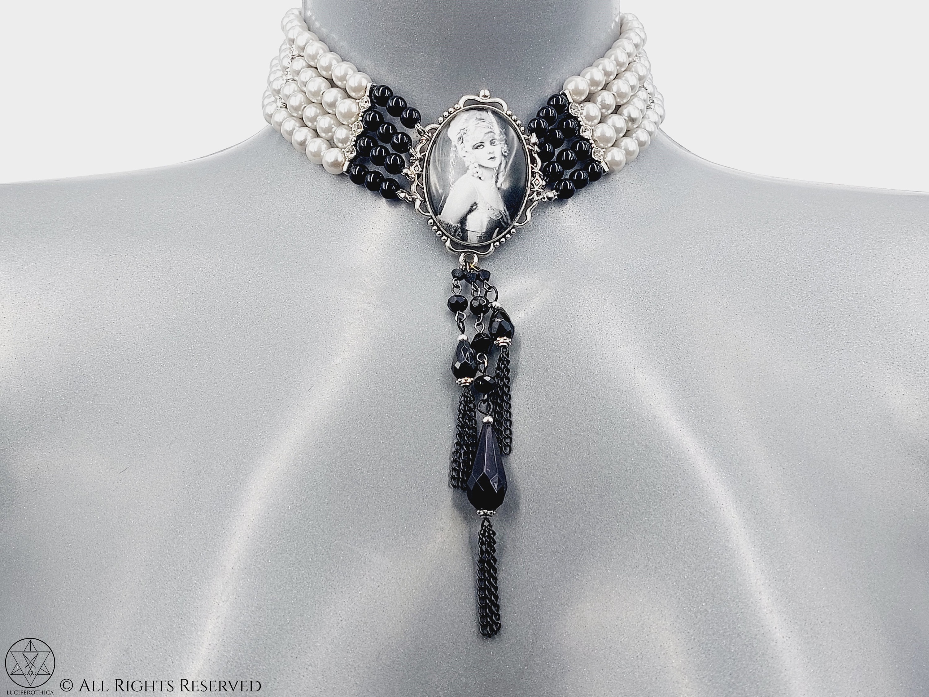 Gothic Choker With Chains, Crocheted Choker With Chains, Obsidian