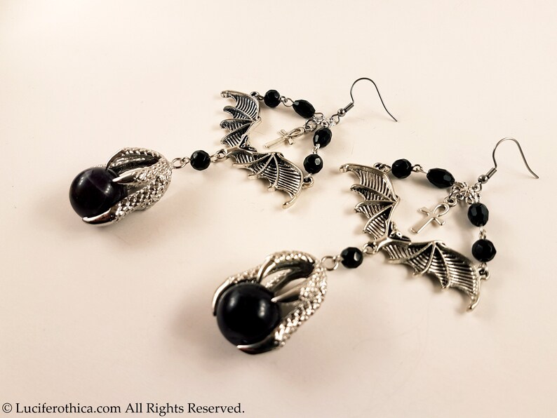 Vampire Bat Amethyst Claw Earrings gothic goth bat earrings witch skull ankh