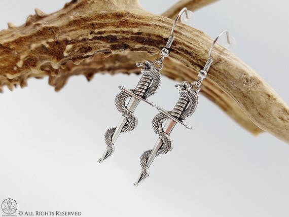 Serpent Athame Earrings (2 Styles)  - occult gothic snake sword dagger silver tone serpent thulsa doom gift ritual spell warlock witch