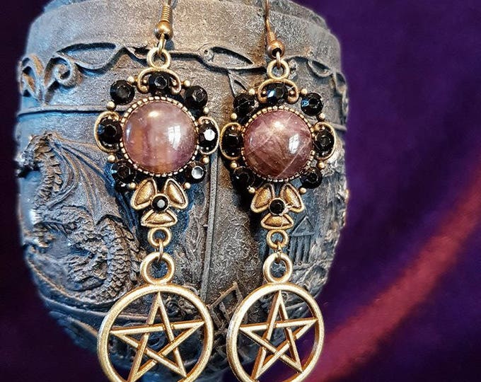 Pentagram earrings with Amethyst Crystal and Rhinestones