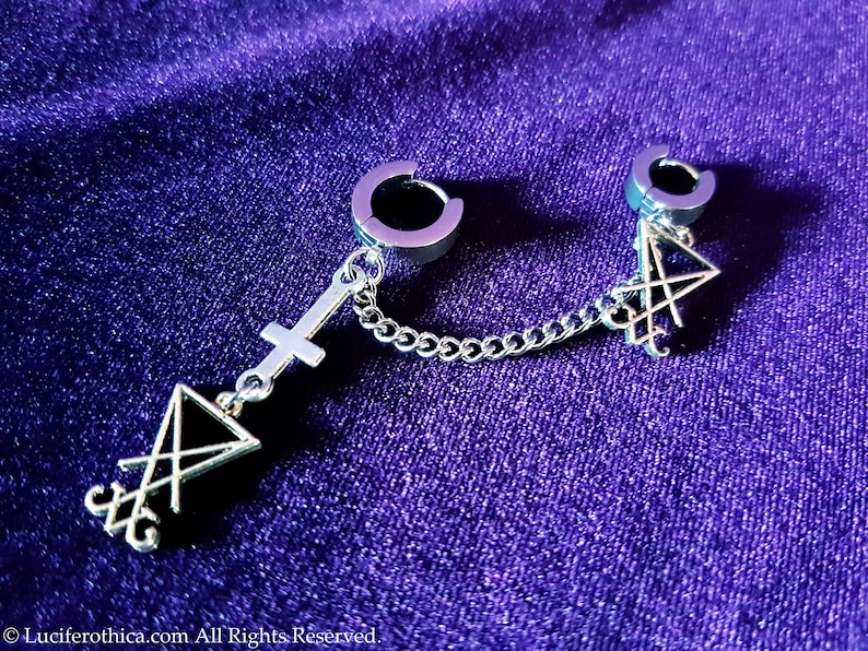 Inverted Cross Luciferian Double Earrings Gothic earrrings occult crucifix anti christ upside down cross sigil of lucifer