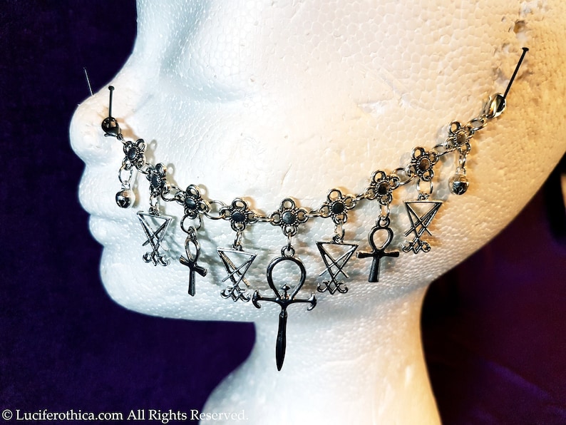 goth gothic occult nose jewellery nose piercing Vampire Ankh Sigil of Lucifer Nosechain