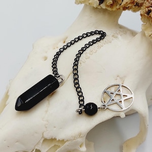 Black Agate Inverted Pentacle Pendulum - Stainless Steel pentagram Occult black crystal divination scrying goth gothic black arts witch