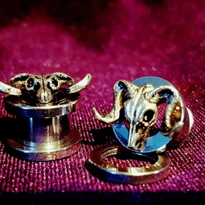 Pode incluir: Um par de dilatadores de orelha de caveira prateados com um design de cabeça de carneiro. Os dilatadores estão sobre um fundo de tecido vermelho escuro.