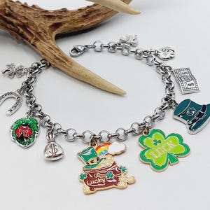 Può includere: Un braccialetto con ciondoli d'argento con una varietà di ciondoli, tra cui un ferro di cavallo, una coccinella, un pentolino d'oro, un trifoglio, un cappello da folletto e una banconota da un dollaro. I ciondoli sono tutti verdi, dorati e argentati.
