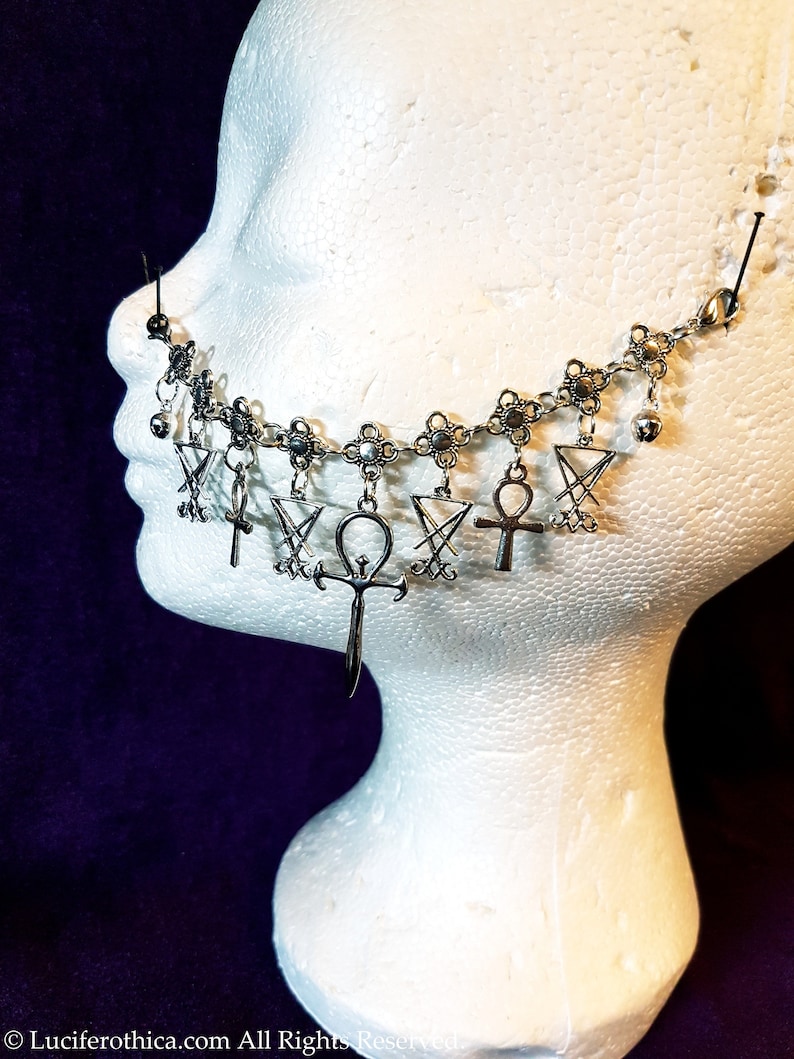 goth gothic occult nose jewellery nose piercing Vampire Ankh Sigil of Lucifer Nosechain